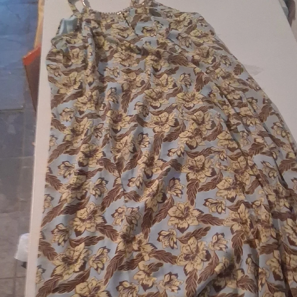 Light Blue Floral Maxi Skirt with Yellow and Brown Print